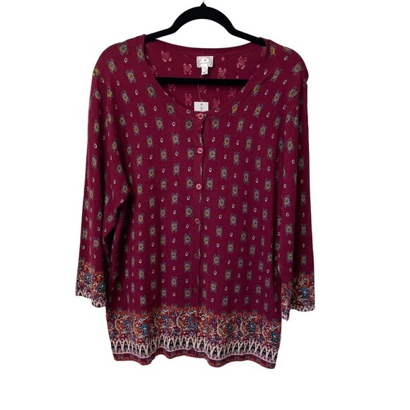 DRESSBARN CARDIGAN SWEATER GEOMETRIC BUTTON UP 3/4 SLEEVE STRETCHY KNIT XL RED - Picture 1 of 12